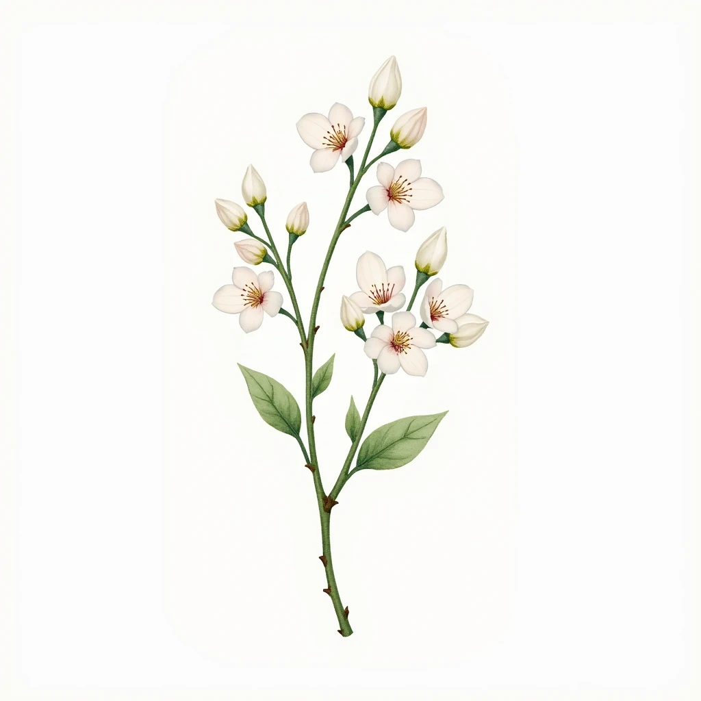 Create a single vintage-style illustration of Hawthorn flowers. The design should feature small white blossoms with subtle pink centers, clustered together on delicate green branches with tiny leaves. Add a soft watercolor texture to give the flowers a cla...