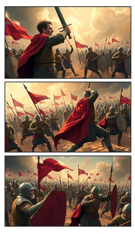 Storyboard, Comic book panel layout with white border, Multi view, Immersive, Go Pro, Action pose, Panel 5  for a paneled scene showing Vlad fighting the Ottomans alongside the Hungarians:

Create an epic three-panel illustration depicting a medieval battl...