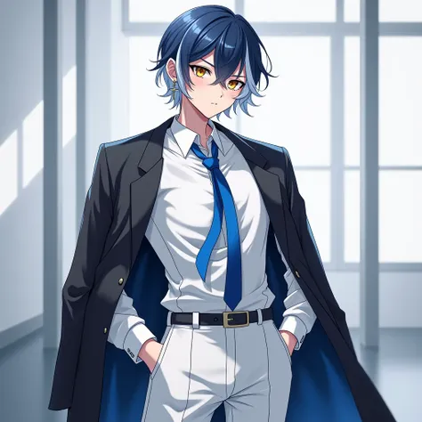 Anime boy with short blue with white hair, yellow with blue eyes, wearing cross silver earrings, wearing a white office uniform, a black coat, a blue ribbon, Half-standing ,very aesthetic,newest,nsfw