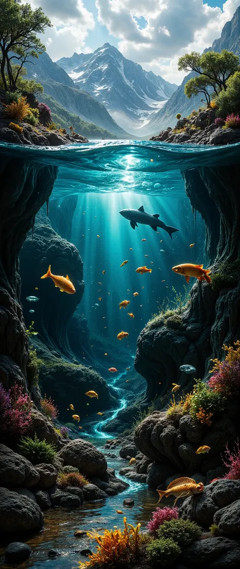 非常にリアリスティックでRealistic。Realistic、24K、 Hyperrealistic 、 A nature-rich lake deep in the mountains 。 Shot shooting the boundary between water and below the surface of the water 。 It shows nature rich on the surface of the water, windless, and quiet on the surf...