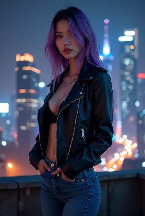 A nighttime cityscape portrait of a young Asian woman, 24 years old, white skin, perfect figure, sexy D-cup breasts, purple hair with sparking silver highlight, standing on a rooftop, wearing a unzipped leather jacket revealing beautiful chest, paired with...