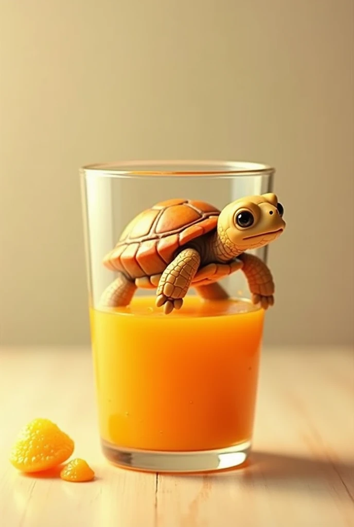 I want a picture of a cute turtle coming out of a glass of orange juice