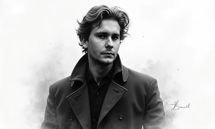  An impressionist pencil portrait , depicting a guy with a dark coat, artfully shaded ,  to create depth ,  made in black ink on white paper ,  surrounded by charcoal dust .