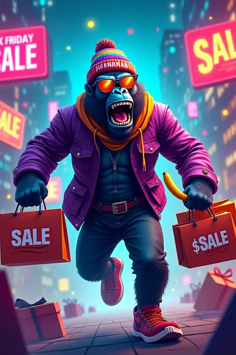 Sure! Heres a detailed prompt for generating a similar image:


---

"A dynamic, colorful, and vibrant digital illustration of a gorilla embodying the excitement of Black Friday shopping madness. The gorilla is dressed in trendy urban streetwear: a purple ...