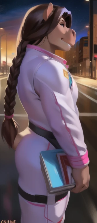   alone  , female ,  standing on the side of the road  , hippo,   pink Military Spacesuit, Heavy load  ,   muscle bound , ,Beautiful long hair braided by chunie