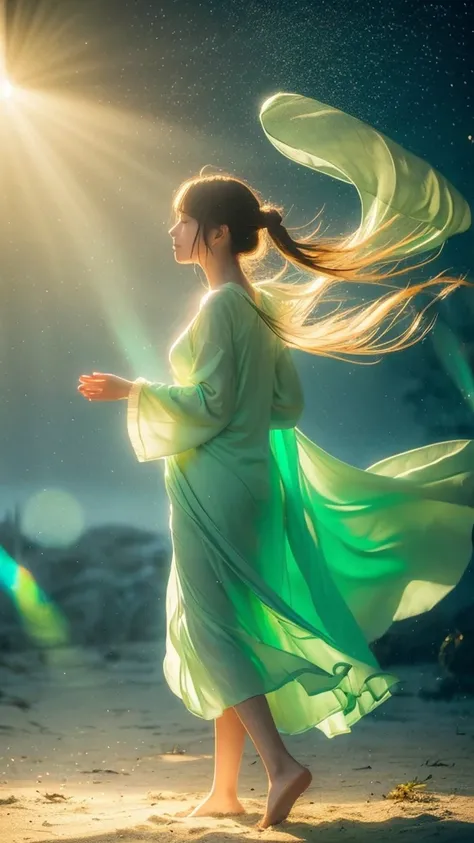  with soft swirling wind in the background 、 A dreamy, fantastic atmosphere is expressed 。Shining particles of light floating in the air 、 silhouette of a person walking far away 、 include vivid rays symbolizing transformation and spiritual connection。 The...