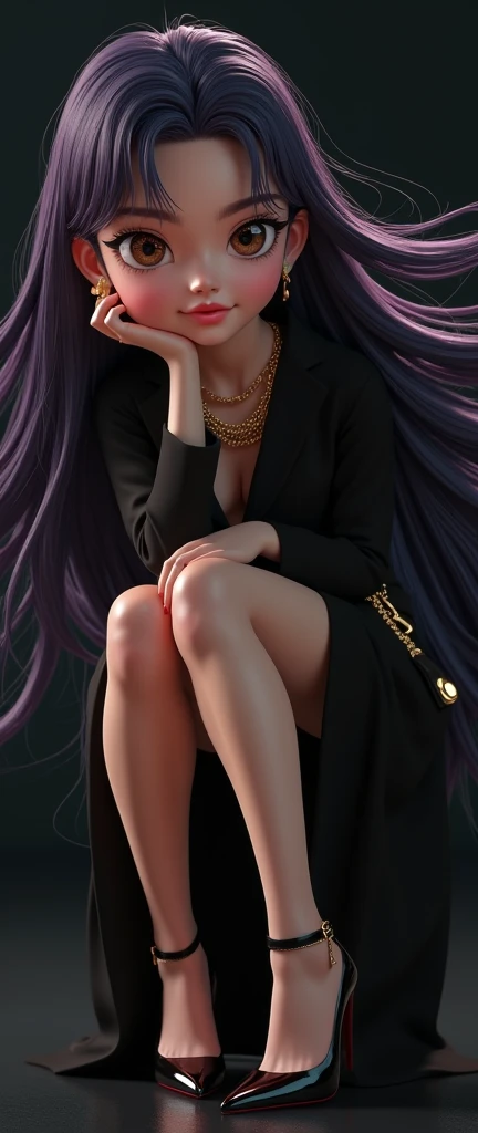 masterpiece,1girl, solo ,  light laugh ,  Metal Necklace ,  gold earrings , Gold Ankle Chain , Super Leg ,  Most Beautiful Sexy Face ,  Talking Big Round Eye ,  white shirt ,  Modern School Uniform , Accessories,  Purple Black Smooth Hair ,  Hair Flying in...