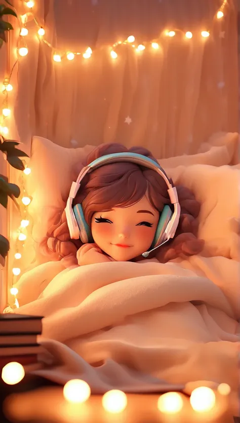 (( Lo-Fi Design Styles :1.5)),  Lying in your bed listening to music with headphones, books on the bed , Soft light garland ,  pleasant and quiet environment ,  Soft and beautiful colors , magical, still, 