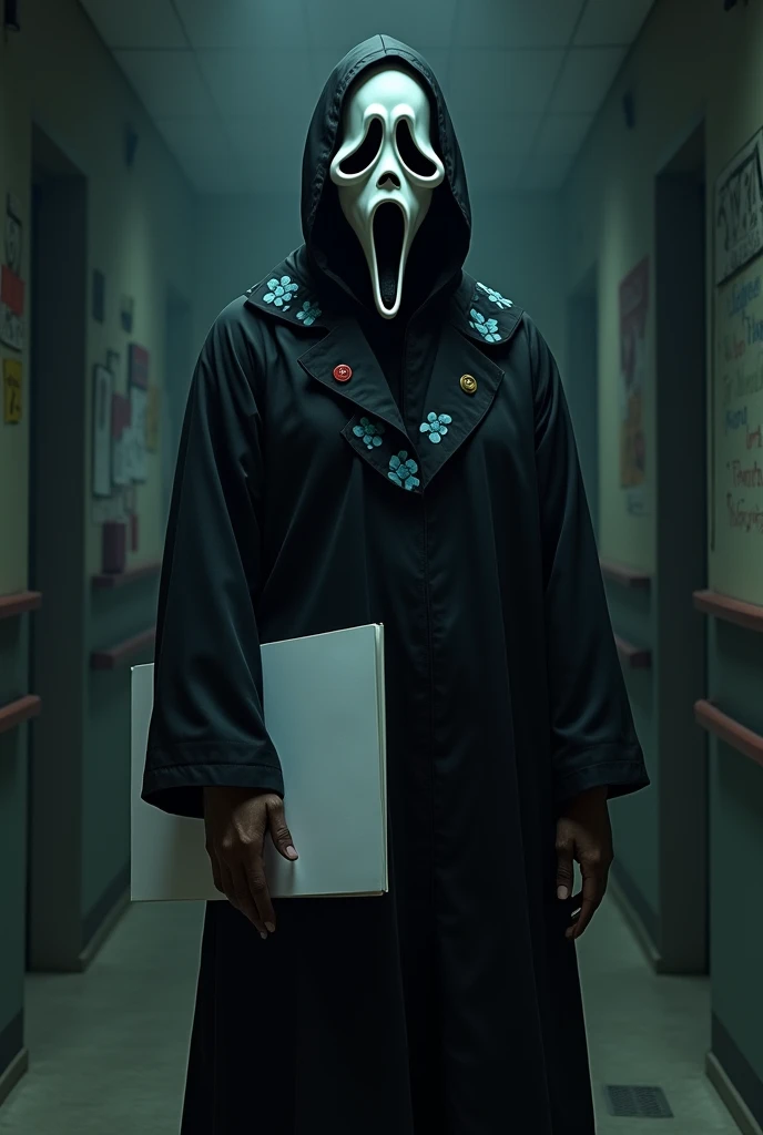 An image of Ghostface ,  the killer from the movie Scream , de cuerpo entero,  with an entry-level teachers dustcoat .  The character is in a dark and gloomy environment , with dim lighting .  The apron is made of a woman is white with a light blue band wi...