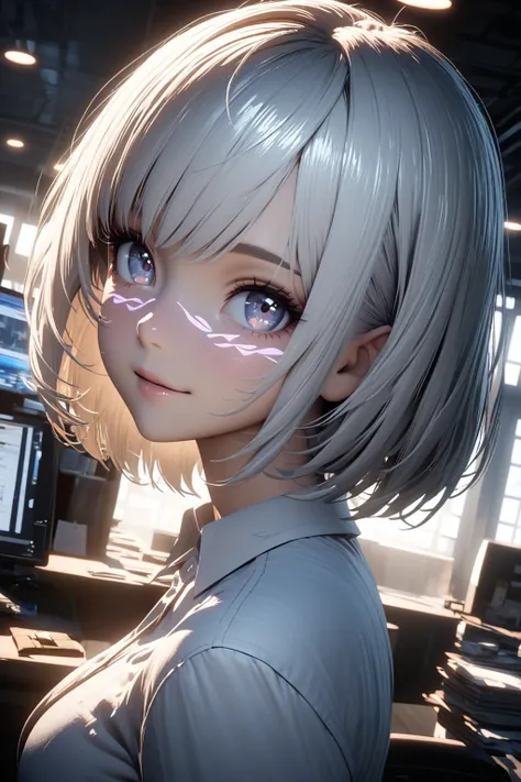 unreal engine, soft lighting, A gaze that captivates the viewer, dynamic angle, face focus, looking side, cute face, glowy skin, (very short silver-white hair), detailed hair, straight bob hair, beautiful breasts, business suit, dress shirt, office, 