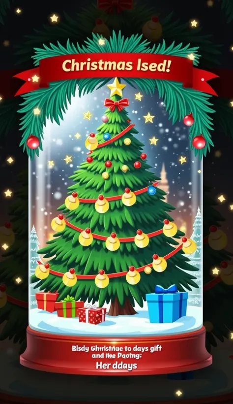  The painting has a Christmas tree inside ， with candy on the Christmas tree ，Bell decoration， There is a gift package on the ground next to the Christmas tree，gold，diamond. vector look ， cartoon style ，Q version