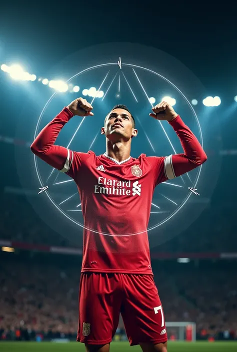 A dramatic close-up of Ronaldo in his celebration pose, with a translucent hologram of Illuminati symbols surrounding him. Subtle details, like hidden numbers (5 and 7), are discreetly projected in the background