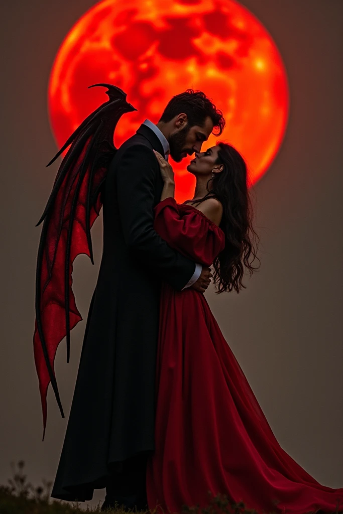 a reinssance photo of a couple, a tall man wearing a crimson red tailcoat with bat-like wings holding his dead lover, her head leaning against his chest as he danced with her under a red moon 