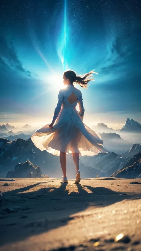 1girl walking alone in a dream-like fantasy landscape, soft swirling wind in the background, glowing light particles floating in the air, distant silhouette figures, vibrant spiritual beams of light, mystical and alluring atmosphere, soft blue, white, and ...