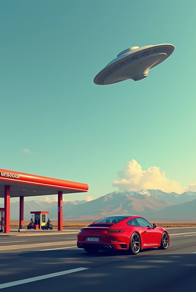 An UFO in the sky, a petrol station in the middle of nowhere, a porsche on the highway --ar 2:3 --style raw --sref s.mj.run/FRMv3xc5ssg --stylize 500