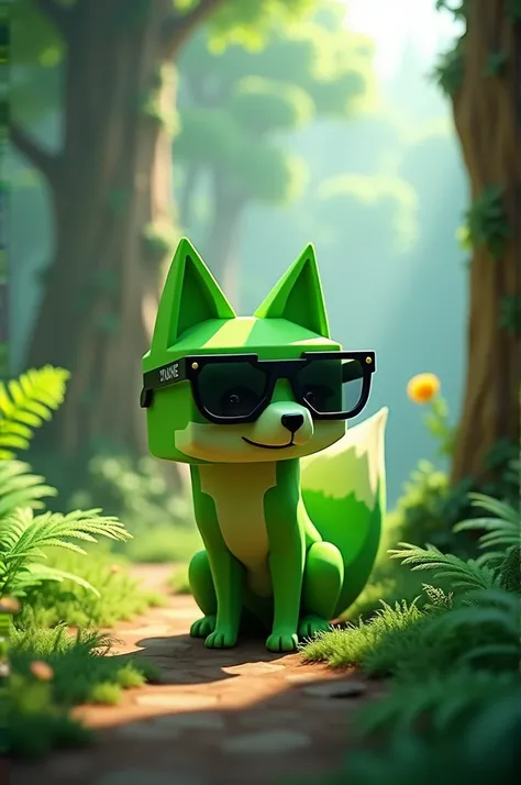 Green Minecraft fox in the forest with sunglasses