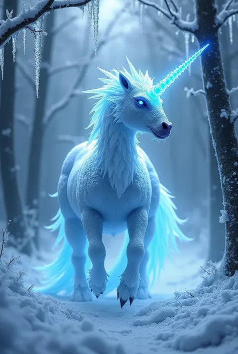 Create a terrifying hybrid fusion of an ice dragon and unicorn. This monstrous creature combines the icy scales and breath of an ice dragon with the mystical horn and ethereal presence of a unicorn. Its horn glows with a cold, blue light, and its eyes are ...