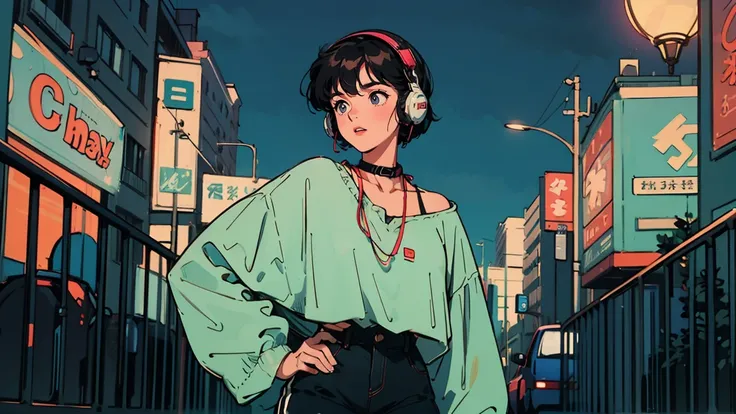 80s Summer night in Tokyo.  girl with bob hair, Colorful hair stands inside, Her curvy figure was accentuated by revealing clothes and shorts.. Large headphones hung around her neck.. She is in her lovely room.. outside, The futuristic cityscape shines bri...