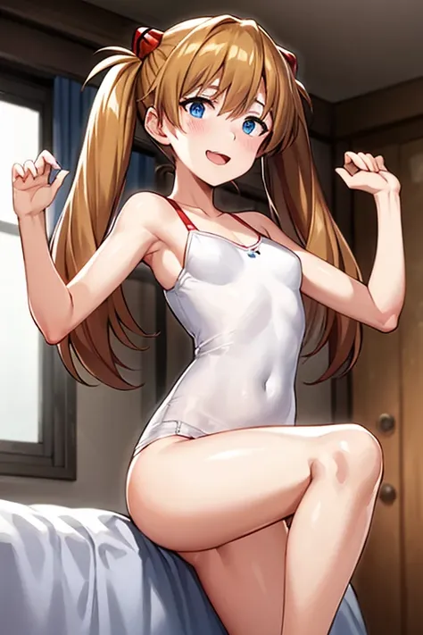 (( best quality)), ((masterpiece)), (be familiar with),  perfect face, indoor, bedroom,  viewer,
One woman,  Soryu Asuka Langley ,
 open mouth,  ecstatic expression with hands in front of body, blush, smile,
Small breasts,  flat chested, Young girl, Lori, ...