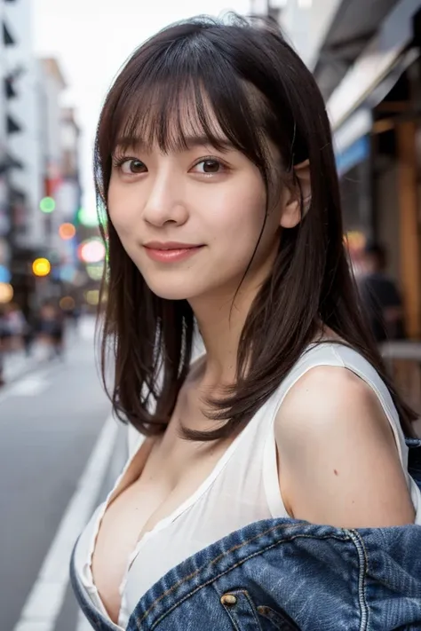 (masterpiece, best quality, perfect anatomy, highres, 8k, realistic, photorealistic, natural skin texture, no makeup:1.2), 1girl, solo. Japanese, age20, jp idol, (very cute), (upturned eyes:1.5), shy smile, (large breasts:1.2), perfect figure, overalls, bl...