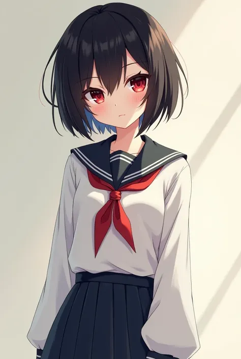 anime  girl red-eyed, fair skin ,short black haired and wearing junior high school uniform
