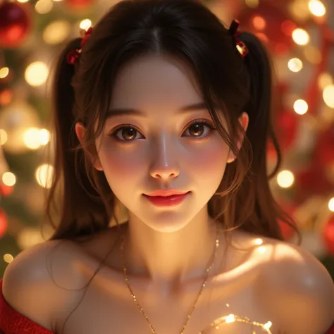 32k, Ultra high resolution, ultra high quality. A breathtakingly beautiful 26-year-old Japanese woman with delicate, refined features and a radiant, youthful charm, adorned with intricate and luxurious holiday decorations: sparkling, rich crimson and gold ...