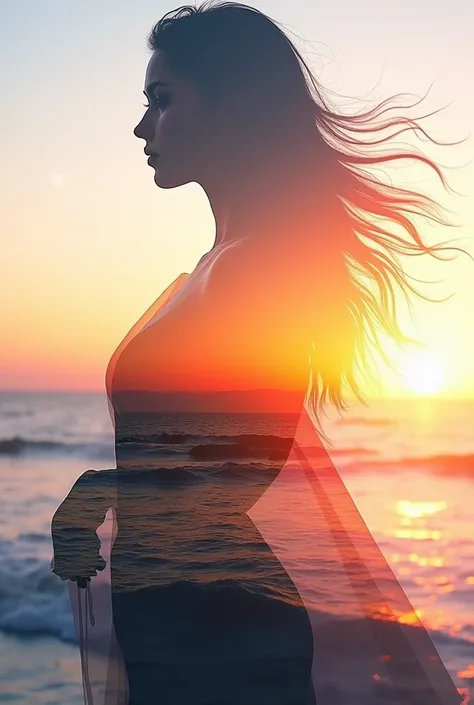  High Quality 、 8K ultra HD、女神のシルエットとサンセットコーストを組み合わせた美しい double exposure、 Sunset Coast acts as a backdrop 、 Details have been captured by the Goddess 、Crisp lines、The background is monochrome、 sharp focus、 double exposure、By yukisakura、 Amazing Full Color ...