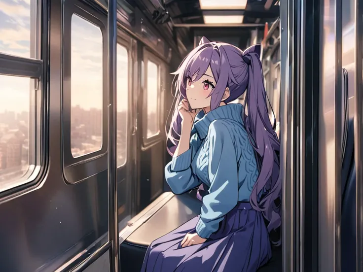 Keqing wearing blue sweater and red long skirt.  She in a train compartment and She glances out the window, excitement building within her.