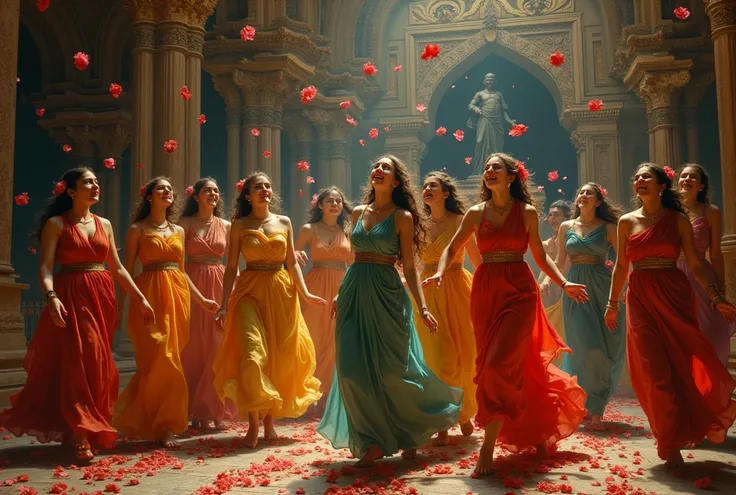 A painting depicting a group of handmaids of ancient Indian queens, Chasing Rose Petals Falling from the Sky、Light from the Side 、director: Gillis Lomboutz , Caravaggio style, director:  Abraham de Carraet , Caravaggio style, Michelangelo Merisi da Caravag...