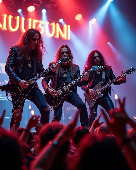 A highly detailed and ultra high-definition (8K) image depicting a group of heavy metal guitarists in the middle of an intense guitar solo performance. Each guitarist has a distinct heavy metal appearance, wearing leather jackets, studded accessories, ripp...