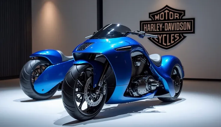 Generate a high-resolution, fully realistic image of a (2025 Harley CVO Road Glide  ) in ( blue) , with a sleek and modern exterior, futuristic wheels, and a shimmering body color, displayed in a luxurious showroom with a large logo on the back wall. The i...