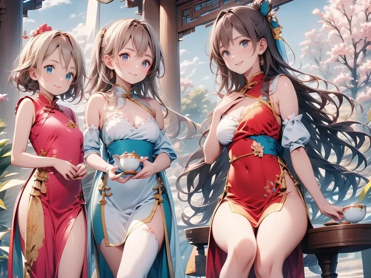 3 beautiful anime girls wearing Chinese clothes、Illustration holding tea utensils