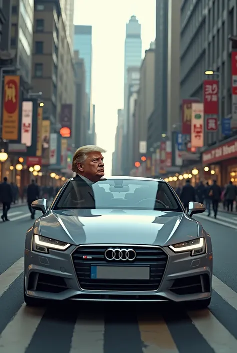 Audi is driving down the street with Donald Trump