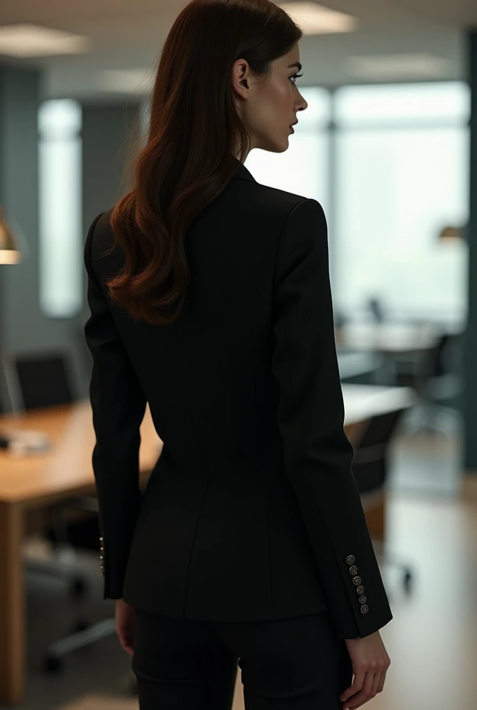 (Highest quality, 8k, 32K, masterpiece, Ultra-high resolution:1.2), One person, black suit, office lady, suit, pantsuit, From behind, Office Room, (Stick your butt out:1.2), panty line, pantyline, see through panty line