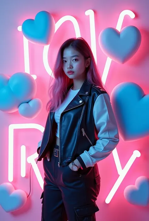 (A photo of a beautiful korean woman chubby looking at the camera with long black mixed pink hair.she is standing pose. she is dressed in a black and white leather jacket top and black cargo pants outfit. The woman is standing behind of a large, vibrant 3D...