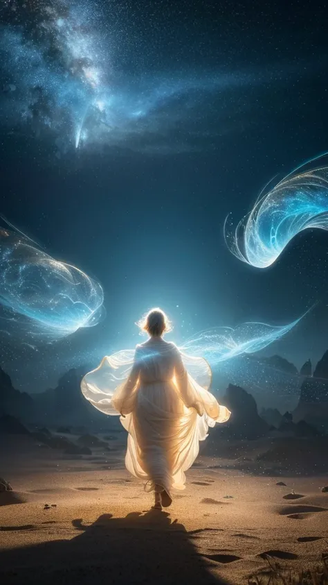 intricate swirling wind in the background, dreamy fantastical atmosphere, floating glowing particles, silhouette of a person walking away, vivid spiritual light rays, mysterious and captivating, soft blue, white, golden tones, sense of wonder and curiosity...