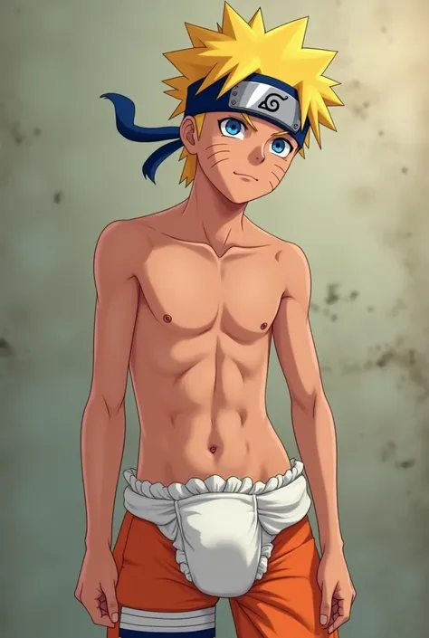 Teenage Naruto, shirtless, pooping in a diaper 