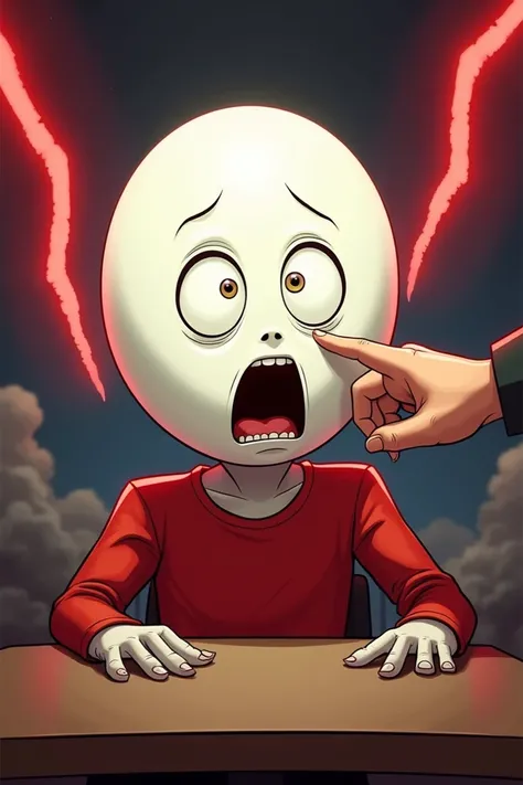 "Create a surreal and exaggerated cartoon-like scene featuring a character with a perfectly spherical white head. The character has wide, expressive eyes and an open mouth, conveying surprise or fear. They are wearing a red shirt and seated at a table, wit...