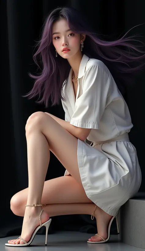 masterpiece,1girl, solo ,  light laugh ,  Metal Necklace ,  gold earrings , Gold Ankle Chain , Super Leg ,  Most Beautiful Sexy Face ,  Talking Big Round Eye ,  white shirt ,  Modern School Uniform , Accessories,  Purple Black Smooth Hair ,  Hair Flying in...