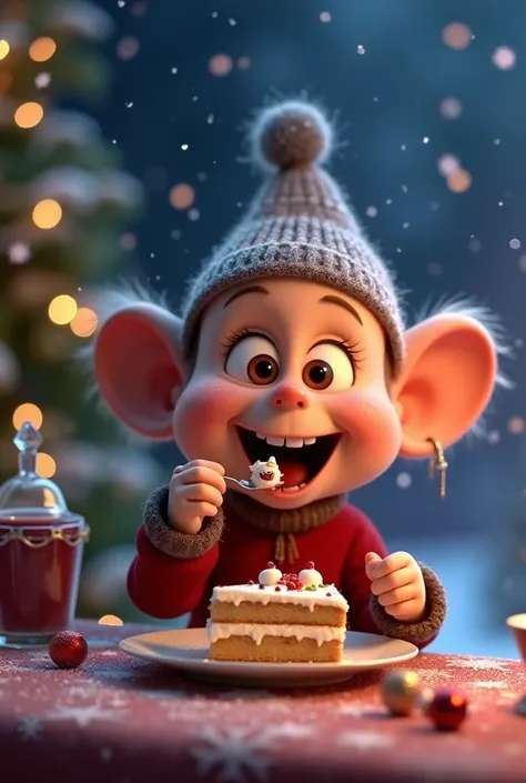 A very cute  from the 3D Pixar style deformed character animation is eating Christmas cake on Christmas night with a cute fork