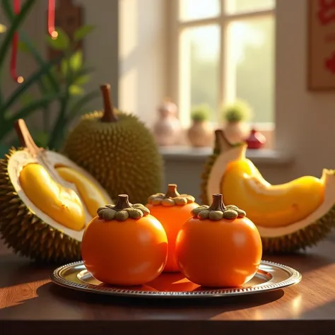 On a dark brown table is a silver plate with three ripe persimmons in the front and a half-opened durian with the flesh exposed and a whole durian in the back. There is soft light shining on the durian and persimmons, and the fruits are bright and shiny. T...