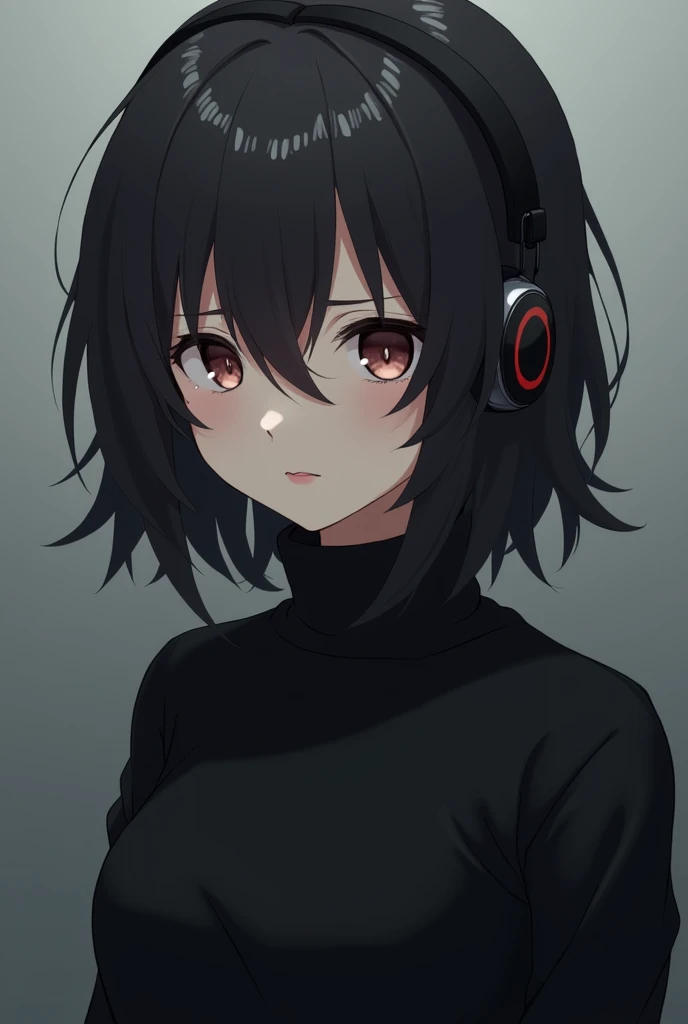 Anime black haired woman black sweater with headphones sad
