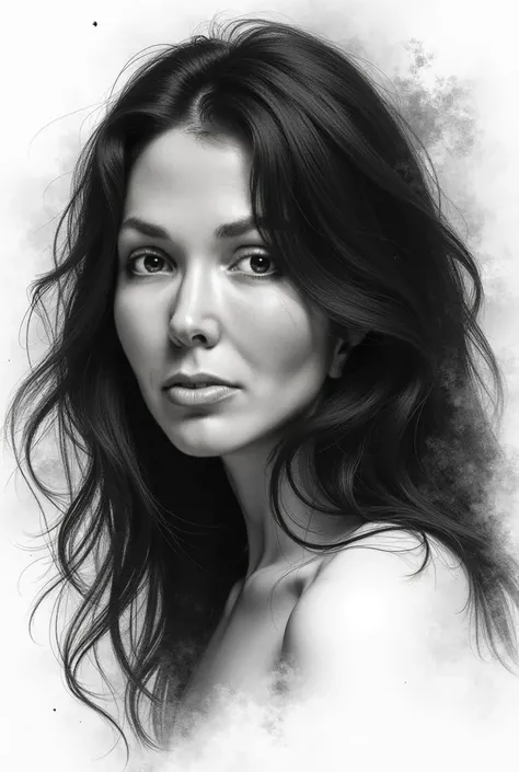  An impressionist pencil portrait ,  depicting a Latino female subject with long wavy hair, artfully shaded ,  to create depth ,  made in black ink on white paper ,  surrounded by charcoal dust .