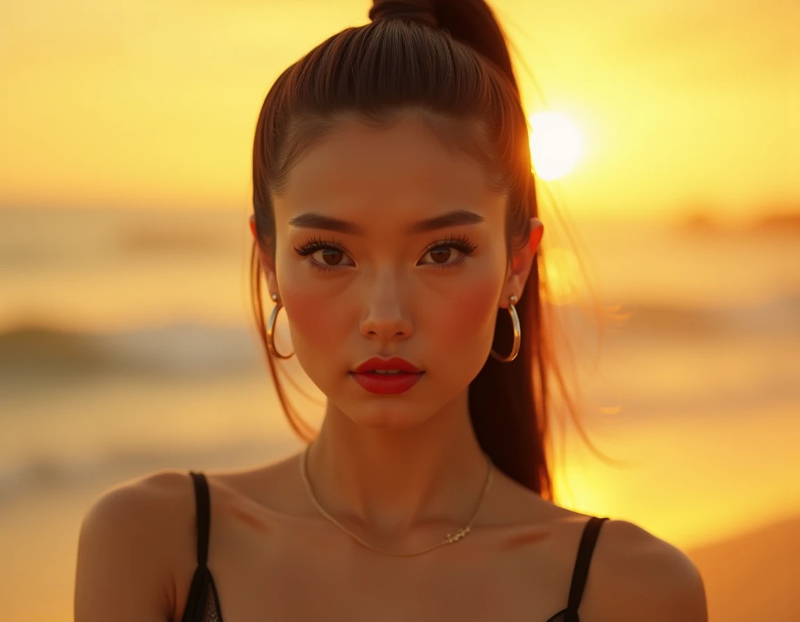 (masterpiece, ultra high res, photorealistic:1.9), centered headshot, symmetrical Southeast Asian woman (Vietnamese:1.5), glowing golden-tanned skin, almond-shaped dark brown eyes, glossy red lips, sleek high ponytail cascading back, sharp eyeliner, high c...