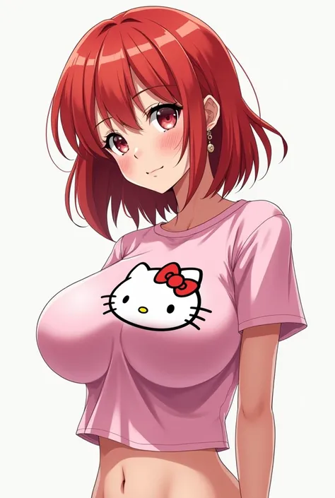  Girl body features anime ,  teenager Hello Kitty shirt big boobs,  without clothes on the bottom , Redhead wearing earrings , 