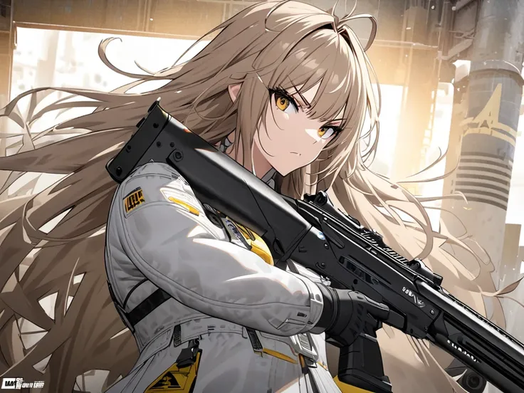 goddess of victory nikke , messy hair , Light brown hair , serious , Product 23 , Shotgun.