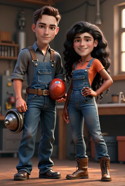 Pixar style image with some 3D characters, a man dressed in metalworkers clothes, holding a metal working machine and a helmet, wearing blue, black and silver clothes, he is next to a woman with black skin, long black hair, very curly , wearing metalworkin...