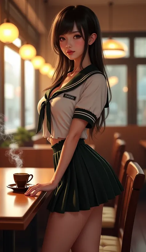 Shiori Suwano, , Beihe,  Octane Value Rendering ,  original photo, CG, alone,  standing at the coffee shop table ,  Chest next to a small “Shiori” metal nameplate ,  Pen screen ,  smiling while holding a coffee filled with hot black coffee A coffee cup ben...