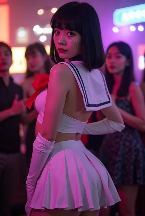 whole body,Halloween party venue,Nightclubs in Shibuya, 21-year-old Japanese woman turning her butt,japanese,Korean style beauty,Transparency, white skin,Gray Eyes,cute,Idol,Idol, portrait,Model, short bob,bangs, black hair, small breasts, Super High Waist...