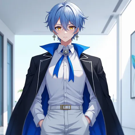 Anime boy with short blue with white hair, yellow with blue eyes, wearing cross silver earrings, wearing a white office uniform, a black coat, a blue ribbon, Half-standing ,very aesthetic,newest,nsfw